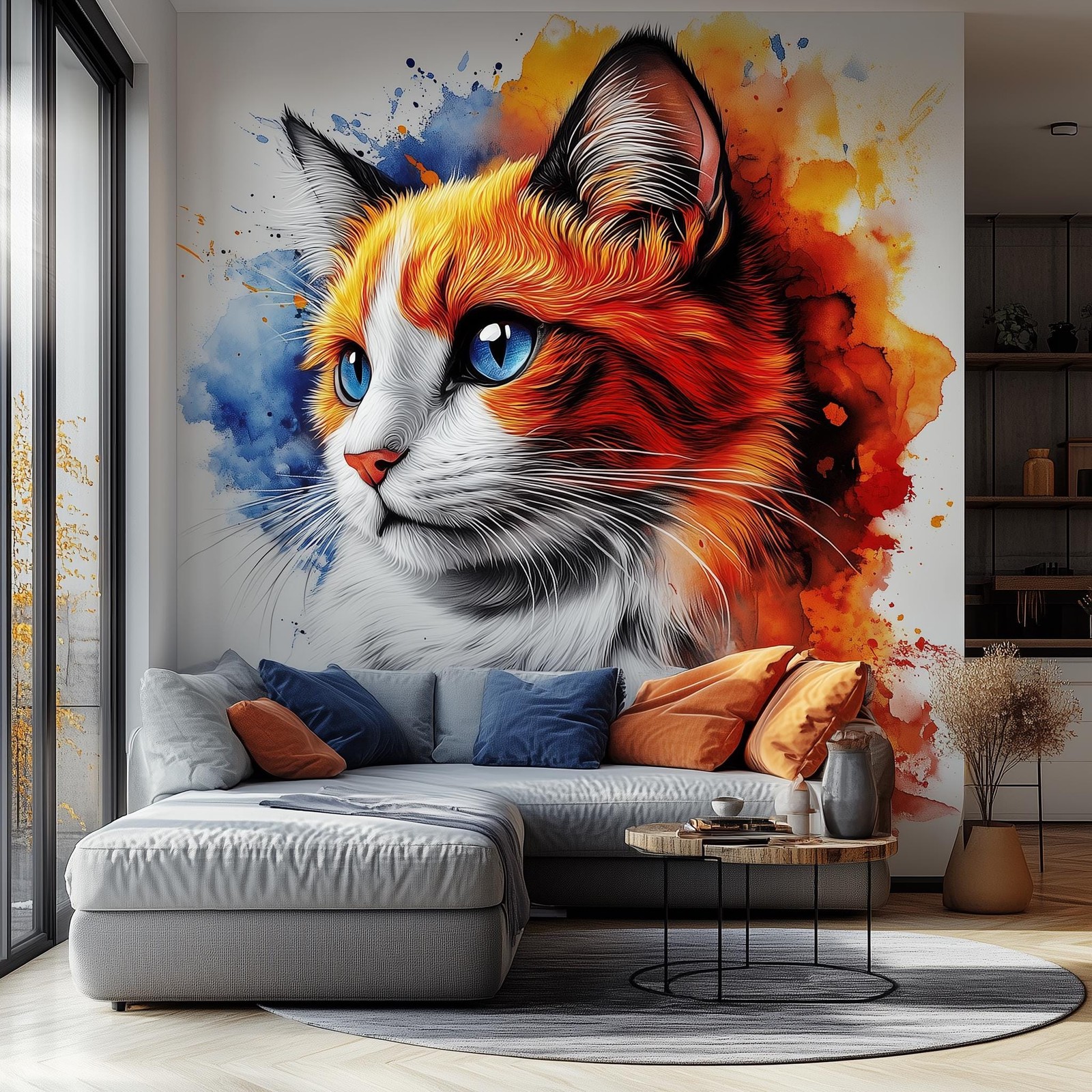 Cat Wall Decal | Blue Eyed Ginger Cat Watercolor Sticker