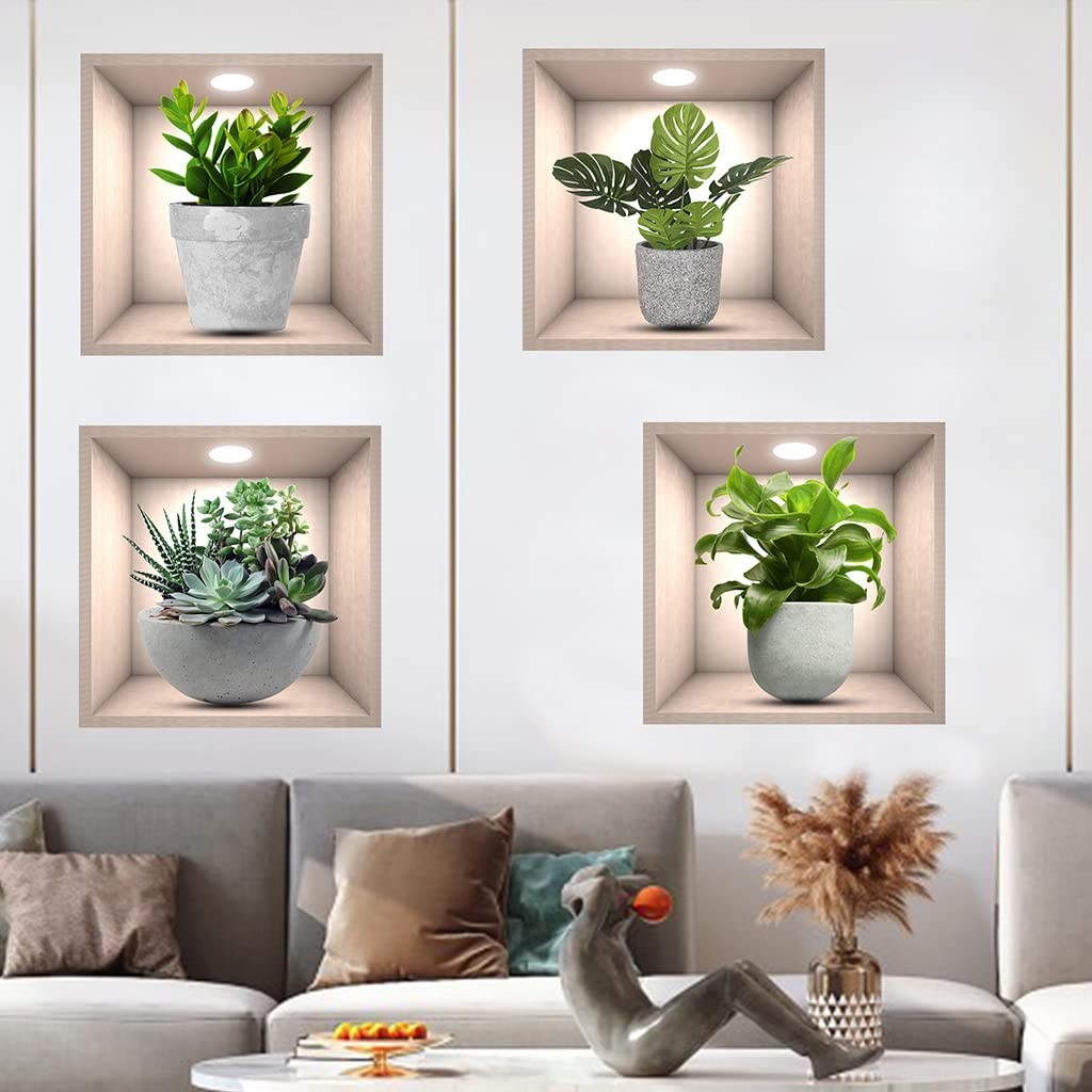 4 Pack 3D Green Plants Wall Stickers Botanical Plants Wall Decals for Bedroom…