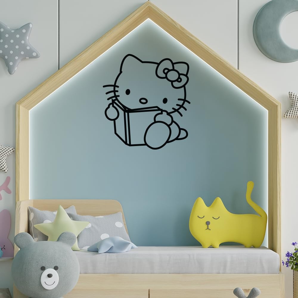 Reading Hello Kitty Black Vinyl Wall Decal – 20" x 22" Kawaii Aesthetic Wall …