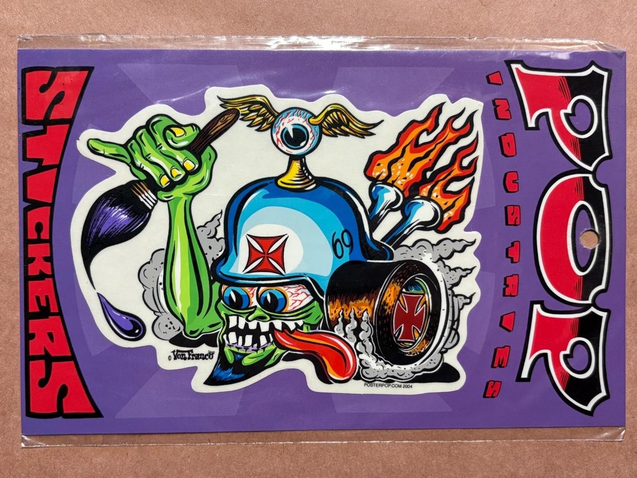 Pop Industries Sticker-VON FRANCO Iron Cross Gearhead-new 2004 retro flames art
