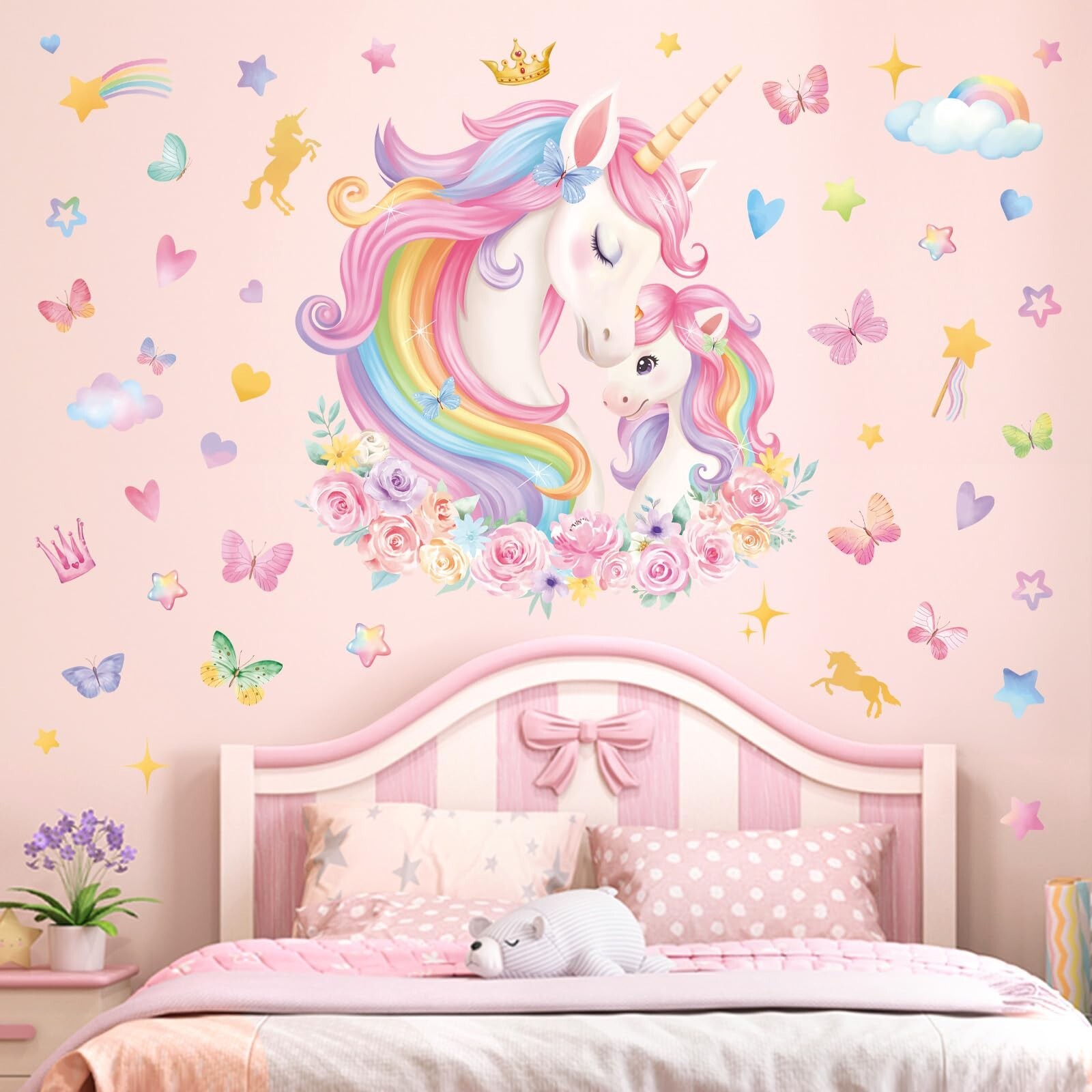 wondever Large Unicorn Wall Stickers Rainbow Baby Unicorn Butterfly Stars Pee…