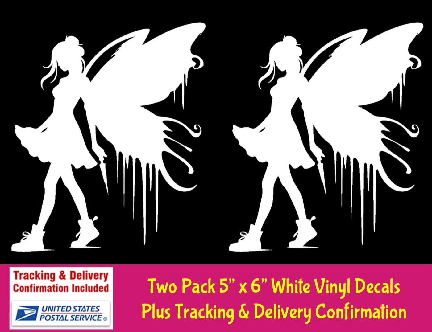 Fairy Butterfly Graffiti Art 2 PK White Vinyl Decals Car Truck Window Tablet