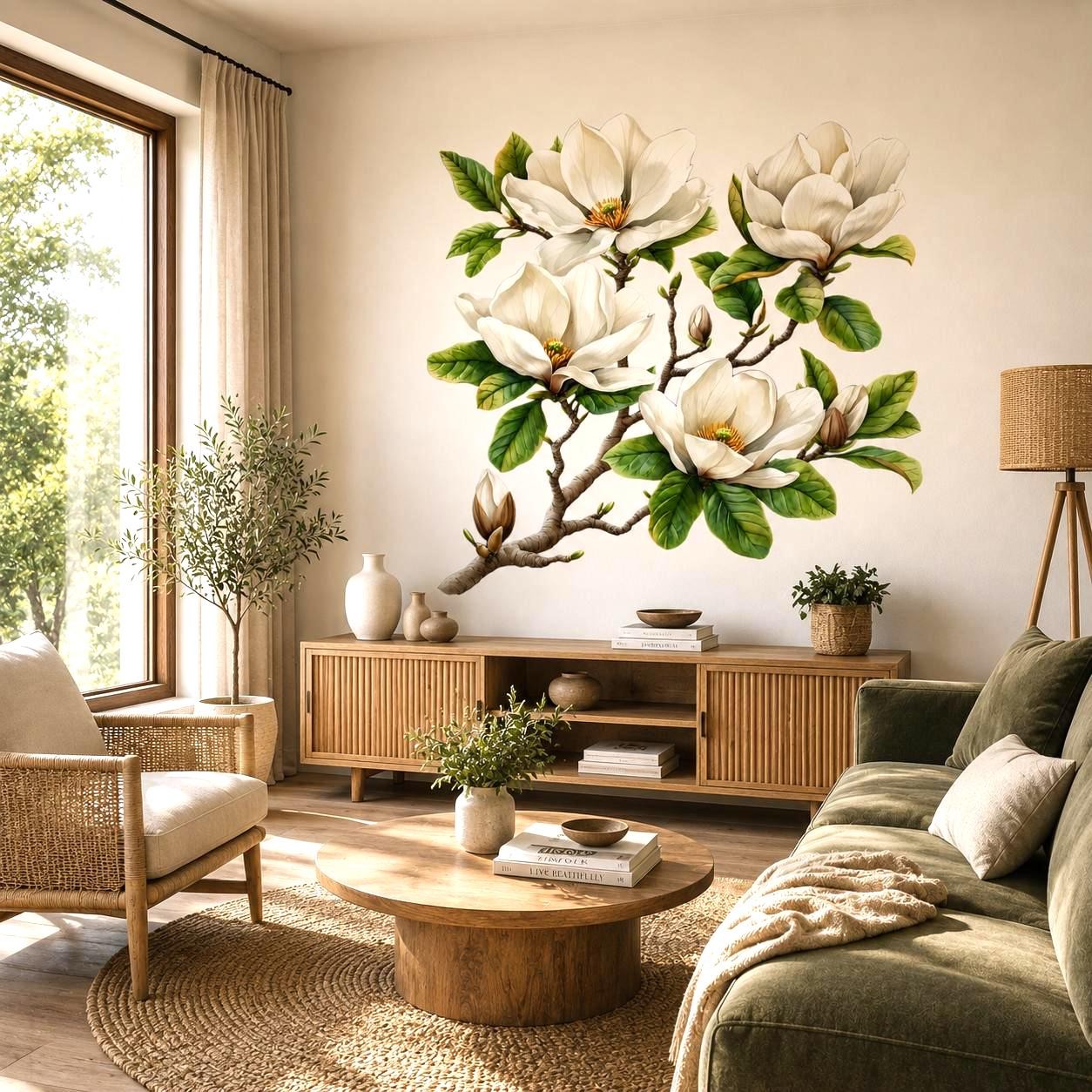 White Magnolia Branch Wall Vinyl Decal | Watercolor Floral Sticker
