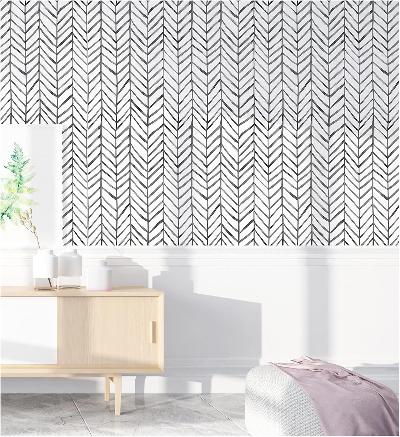 Peel Stick Accent Wallpaper Herringbone Black White Vinyl Removable Modern Chic