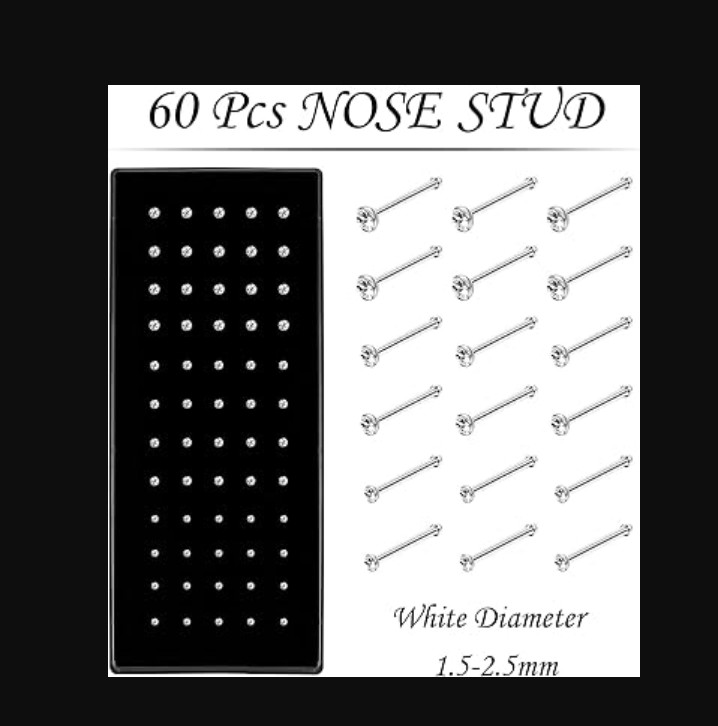 OMAIGAR 60PCS Nose Rings Studs Set, Surgical Stainless Steel Hypoallergenic Nose
