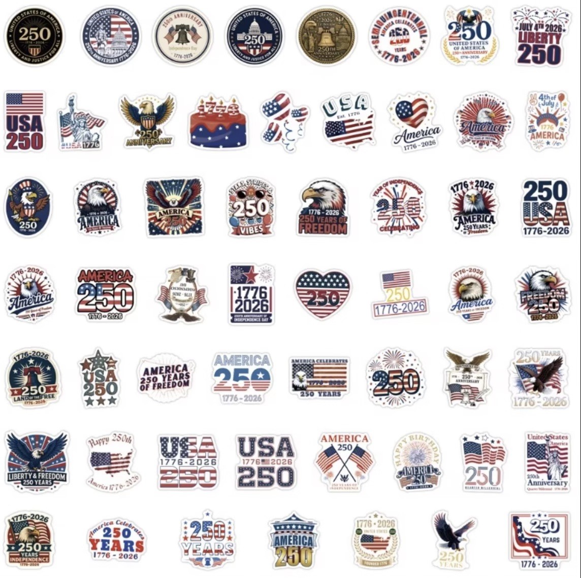 10 Random Stickers – Glossy USA 250th Anniversary 1776-2026 1.7” to 2.1”