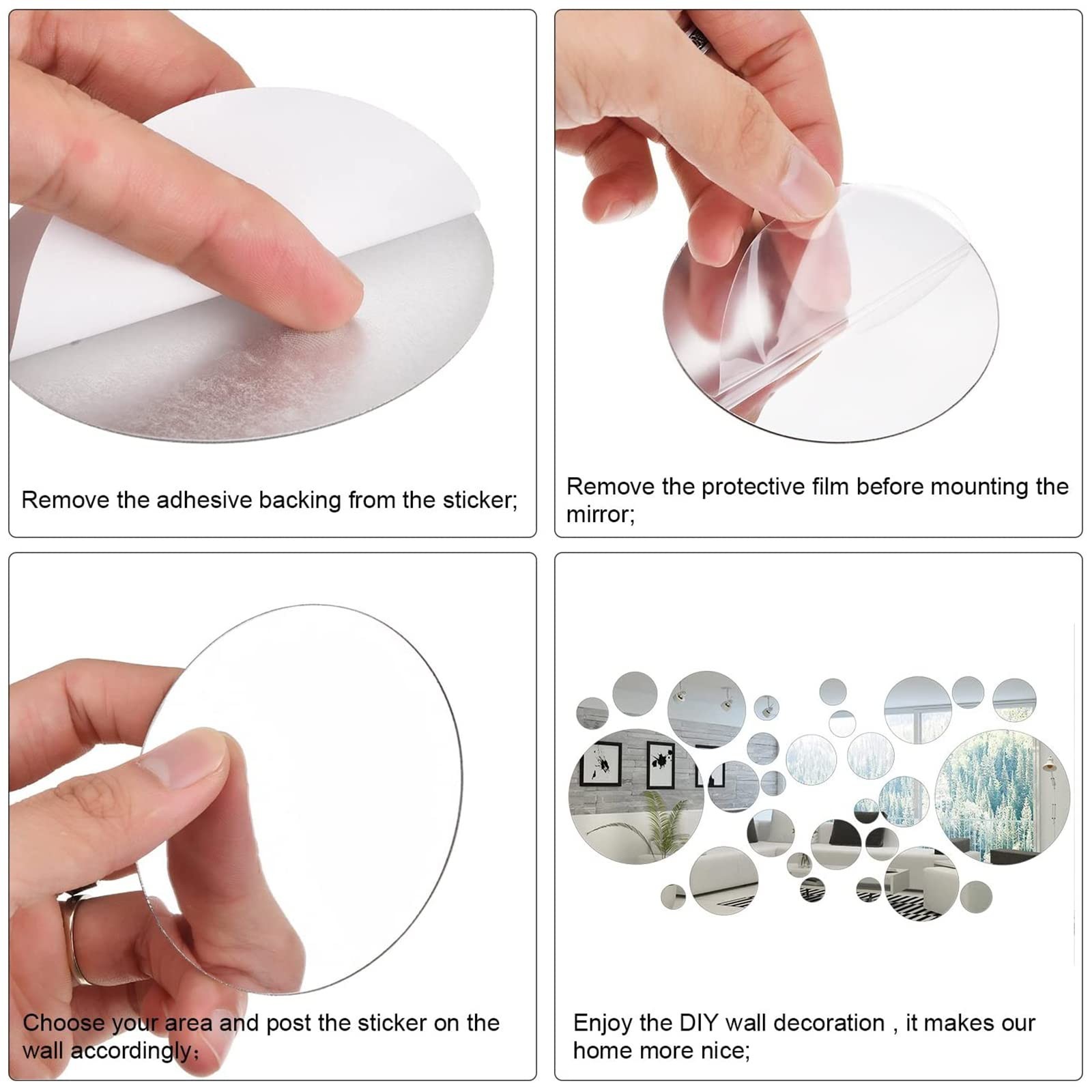 48/96 Pcs Acrylic Mirror Wall Stickers Removable Circle Mirrors Wall Decor Ro…