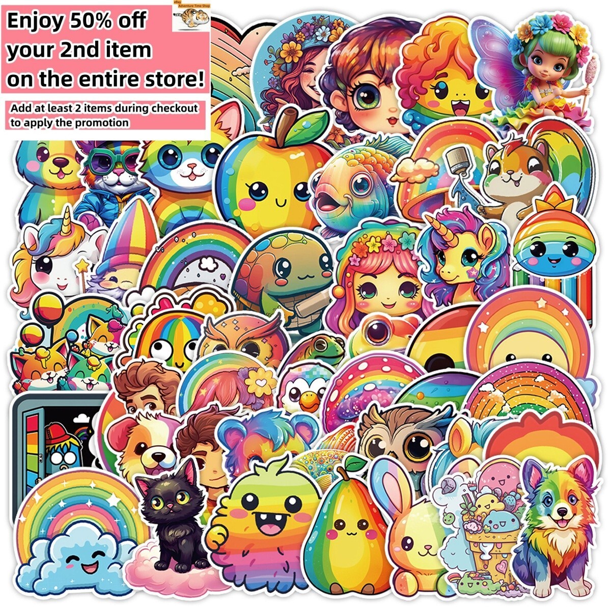 50 Pcs Stickers Rainbow Animal Laptop Phone Luggage Skateboard Car Fridge Vinyl