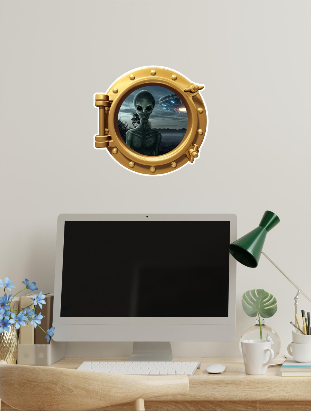 Alien Landing Area 51 Porthole Wall Sticker Eerie Scary Design High Quality