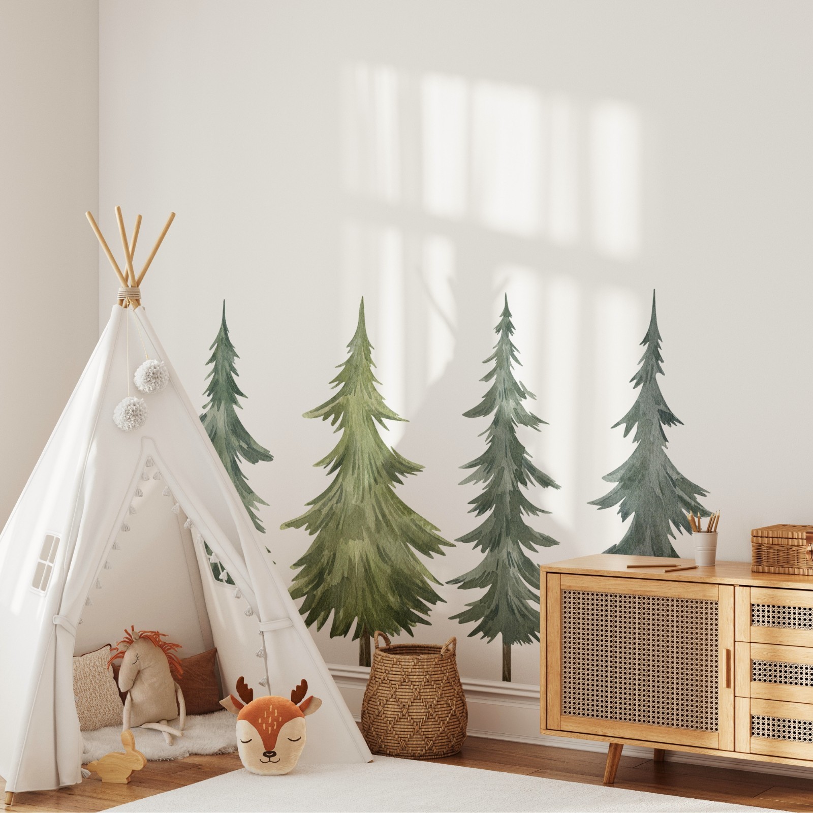 Woodland Pine Tree Wall Decal Tree Nursery Decor Set, MEDIUM Set of 4 Trees