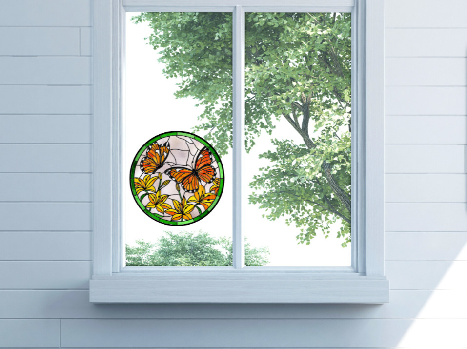 Monarch Butterflies Faux Stained-Glass WINDOW CLING Size 8" Round Vinyl