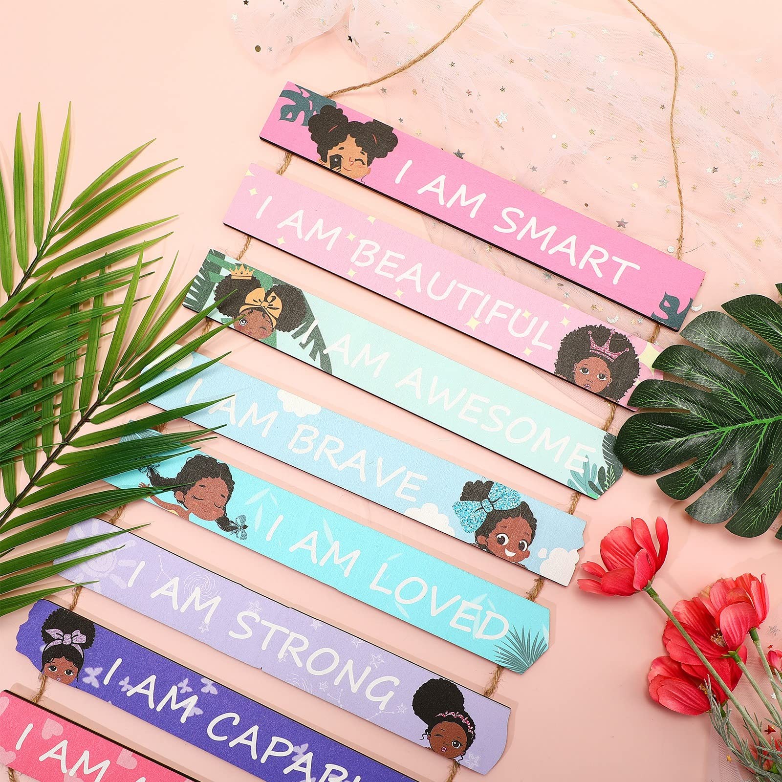 Set of 9 Black Girl Wall Art Decor Wood Motivational Girl Room Wall Art Rainb…
