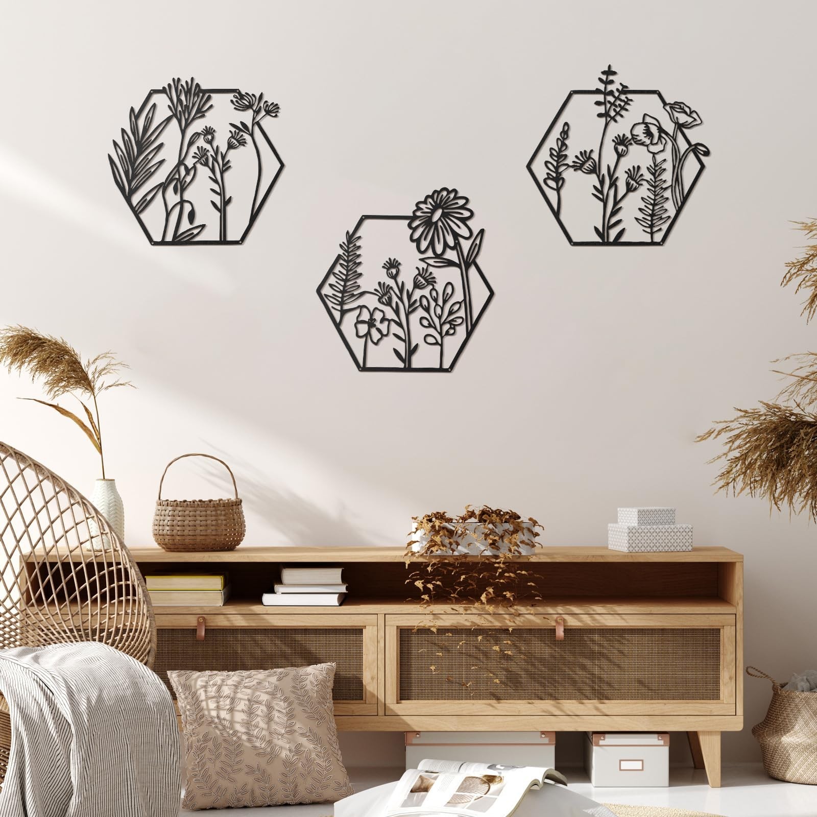 Peryiter 3 Pcs Metal Flower Wall Decor Minimalist Floral Wall Hanging Decor M…