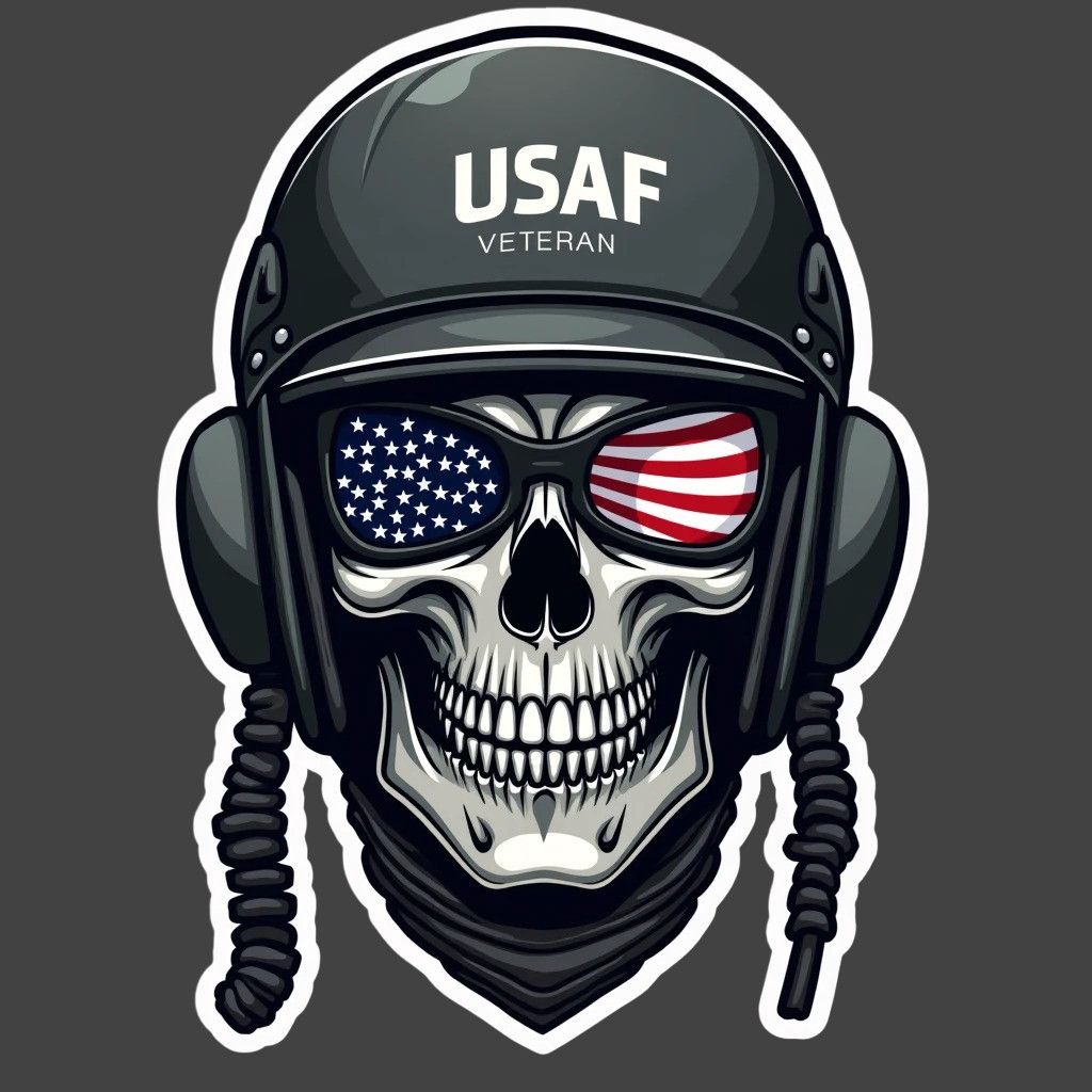 USAF Veteran Skull Pilot Helmet Sticker Vinyl Decal Military Aviation Tribute