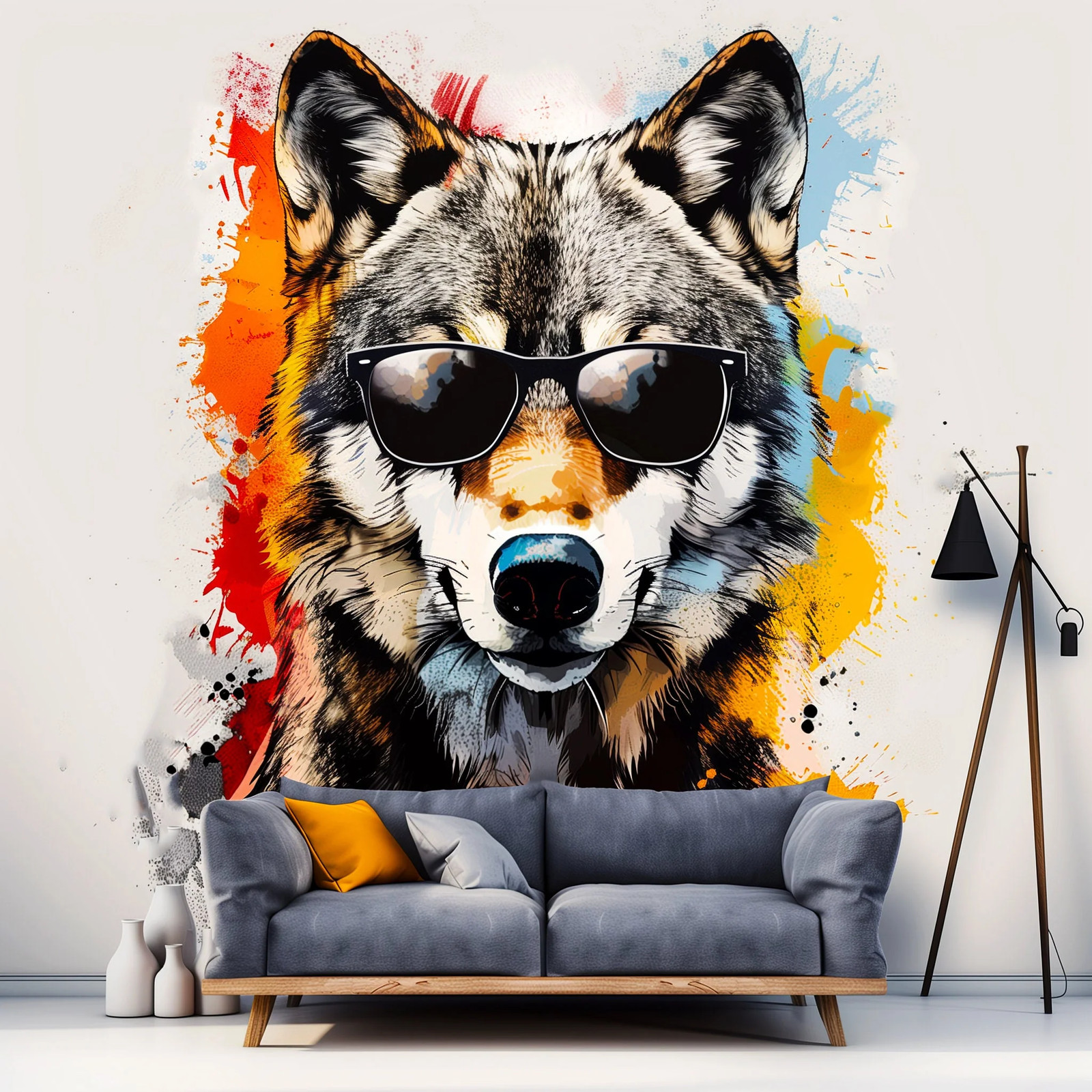 Colorful Wolf Wall Sticker Decals with Sunglasses – Modern Wolf Art Decal –