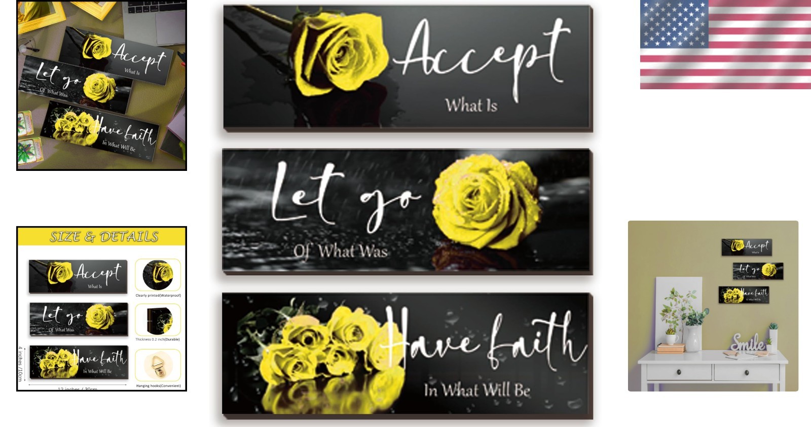 Charming 3-Pc Yellow Rose Wall Decor with Faith-Inspiring Quotes – 12×4 Inches
