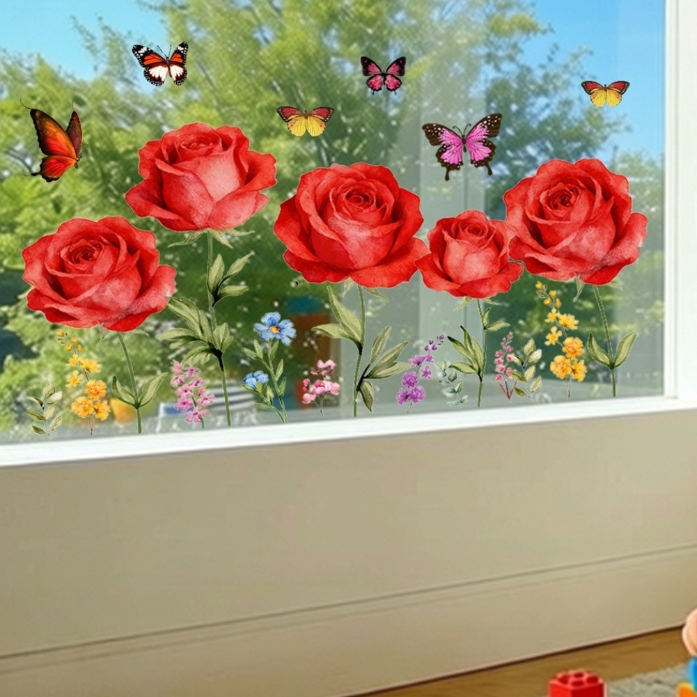 Floral Art Static Cling Sticker Red Roses Butterflies PVC 11.81 x 23.62 inches