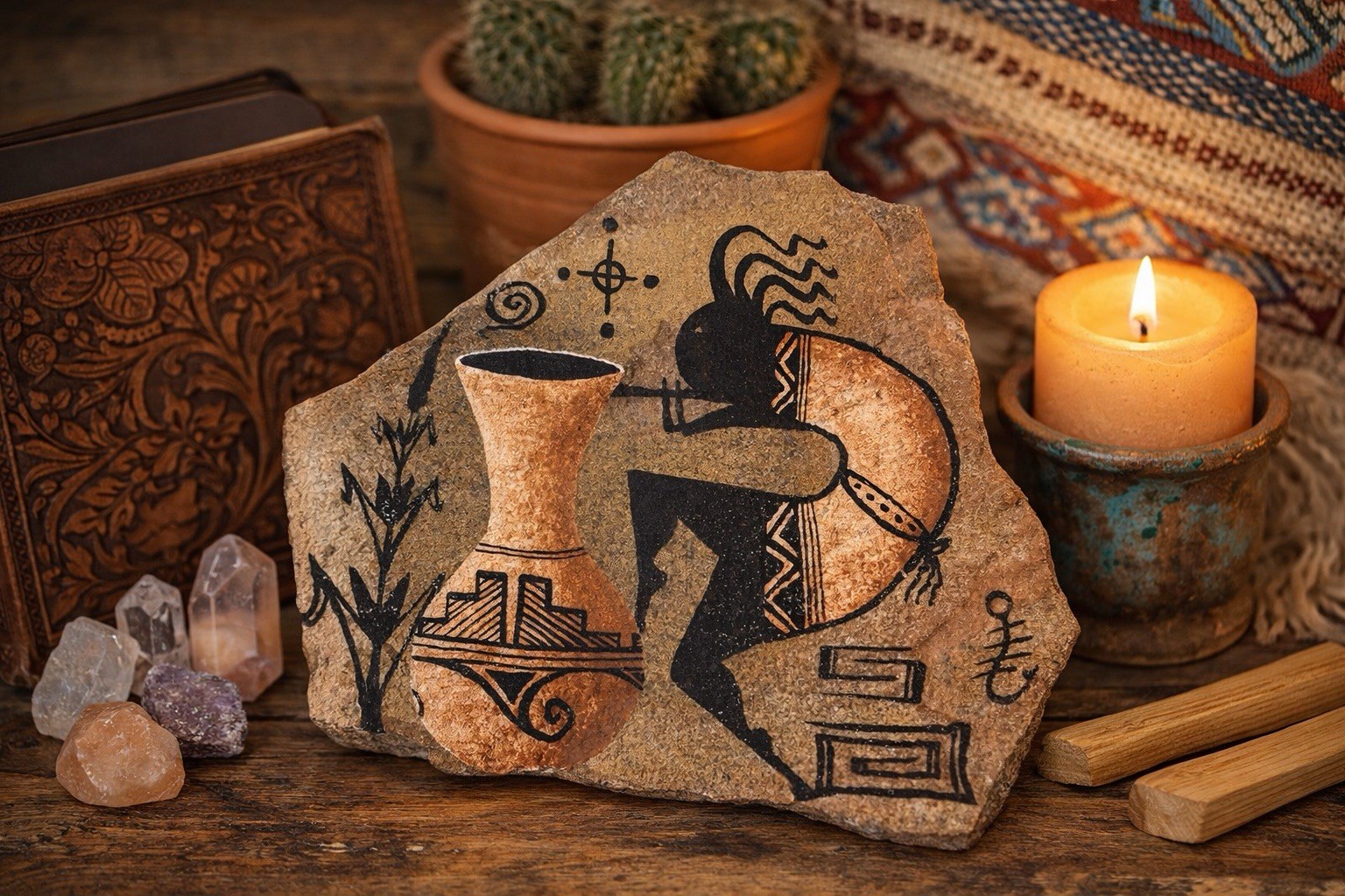 Kokopelli Stone Art Plaque Southwest Native Style Hand Painted Rock 8”