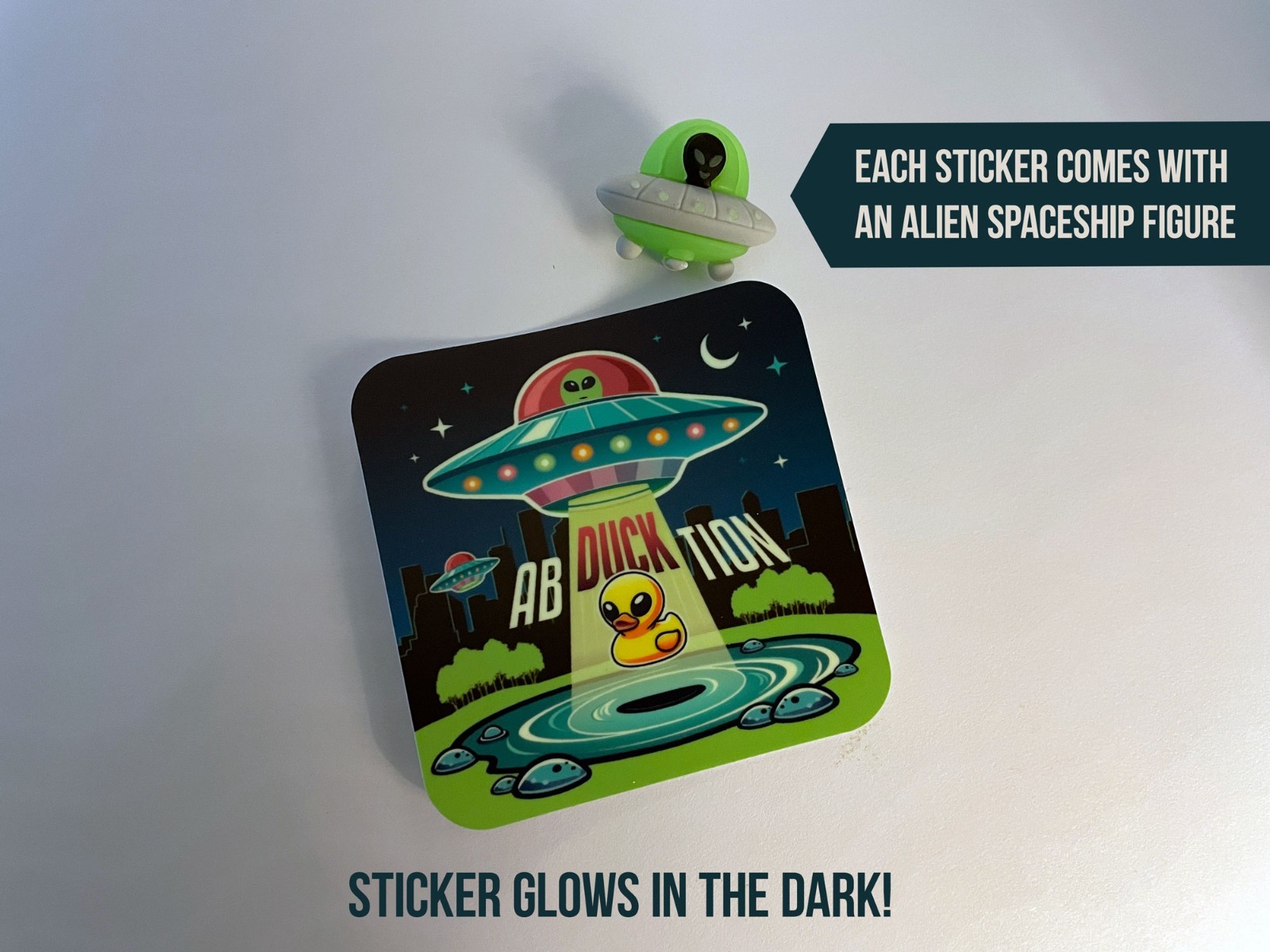 2 Alien Ab-duck-tion Stickers! Extra Terrestrial Glow in the Dark! Vinyl Decal