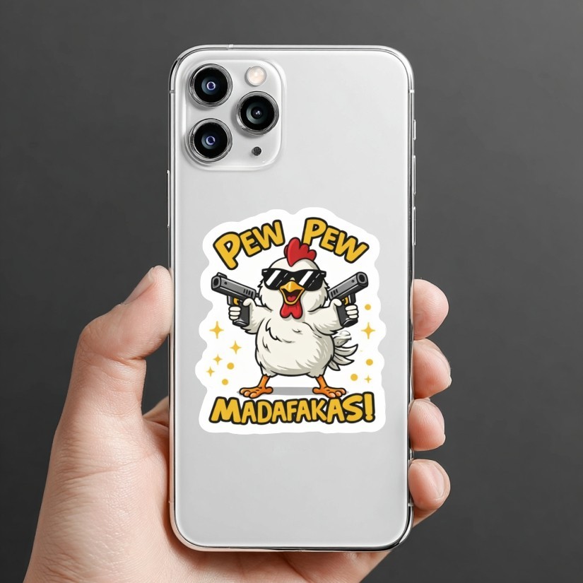 PEW PEW MADAFAKAS! Funny Chicken Sticker, Peel N' Stick, Different Sizes
