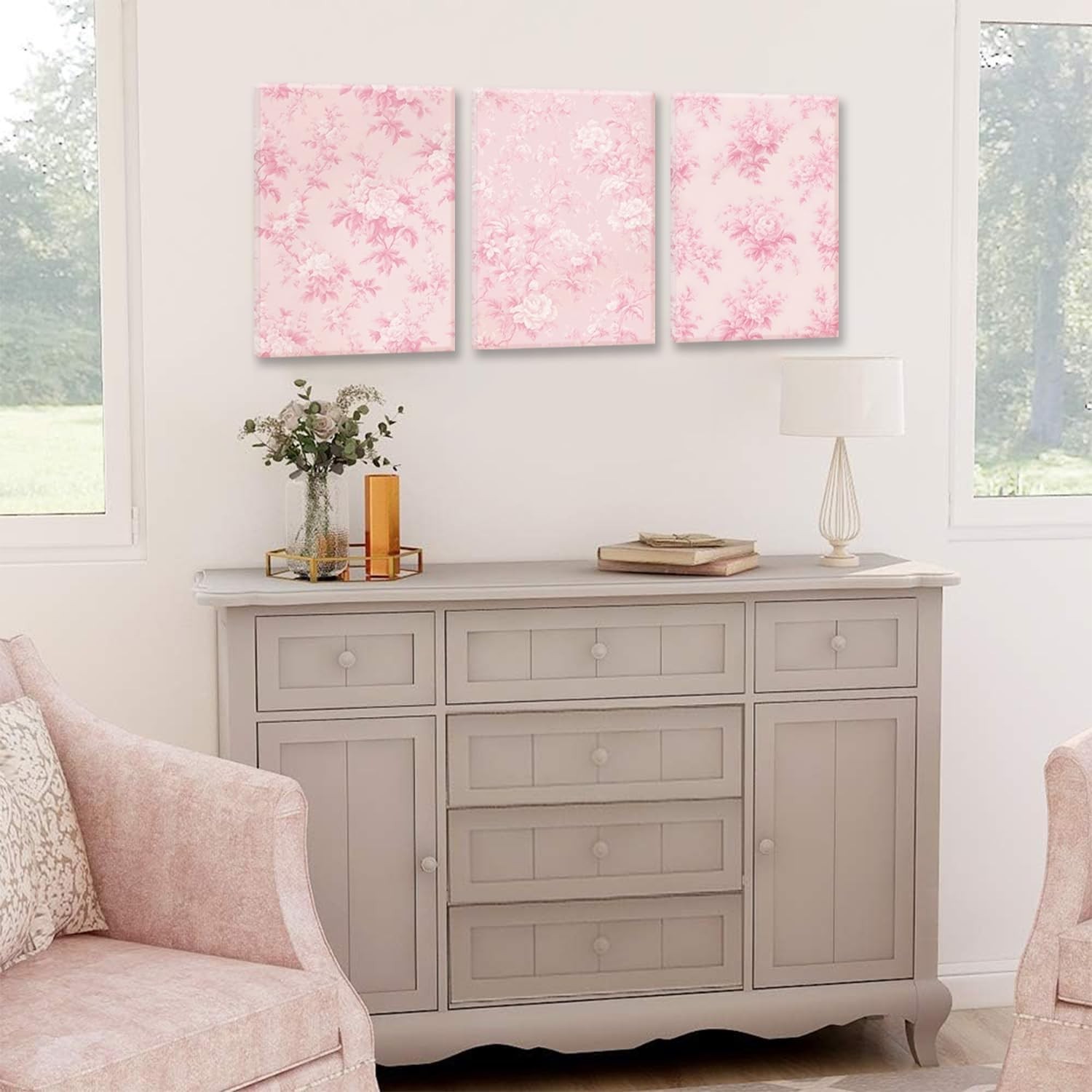 LYPHNX Framed Pink Chinoiserie Flower Canvas Wall Art light Pink Love Shack F…