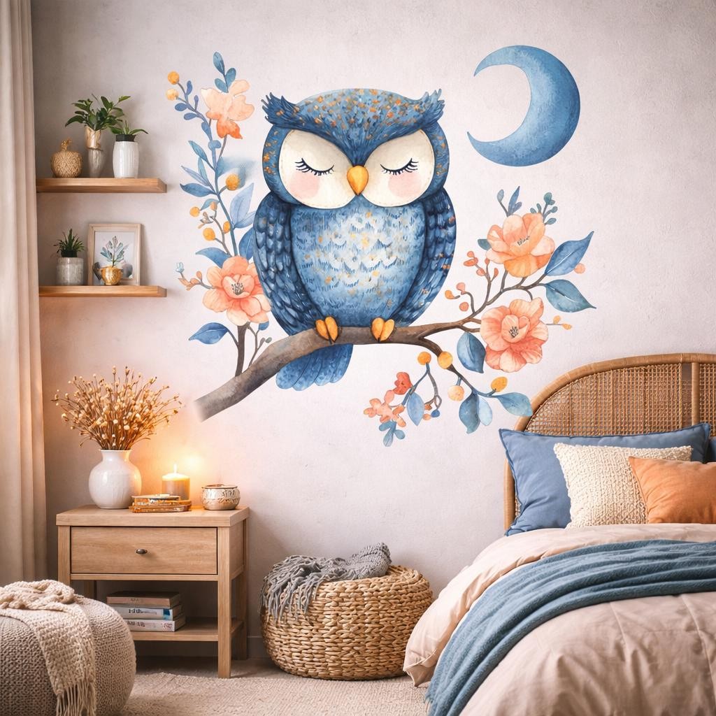 Sleeping Owl Wall Decal | Watercolor Nursery Art
