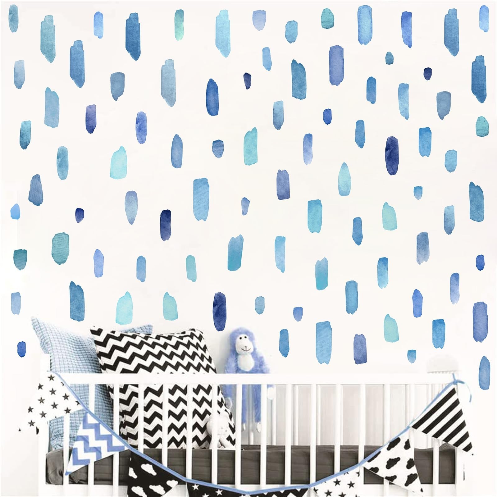 Boho Watercolor Wall Stickers – Removable Blue Stripes Decals for Kids' Room, Nu