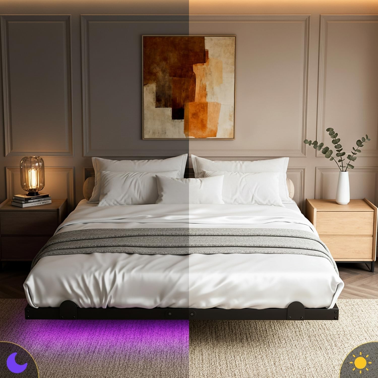 Floating Bed Frame Queen 14 Inch with LED Lights Charging Station Easy Assembly