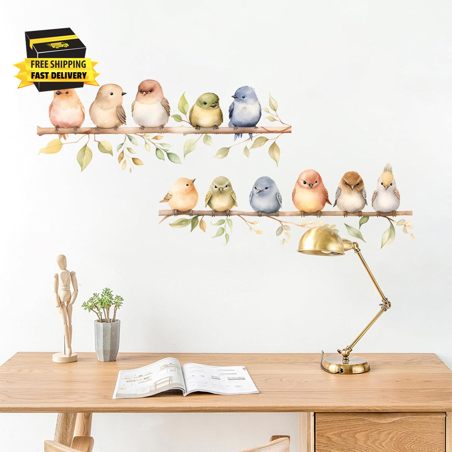 Colorful Bird on the Branch Wall Stickers, Peel and Stick Creative Bird Wall Dec