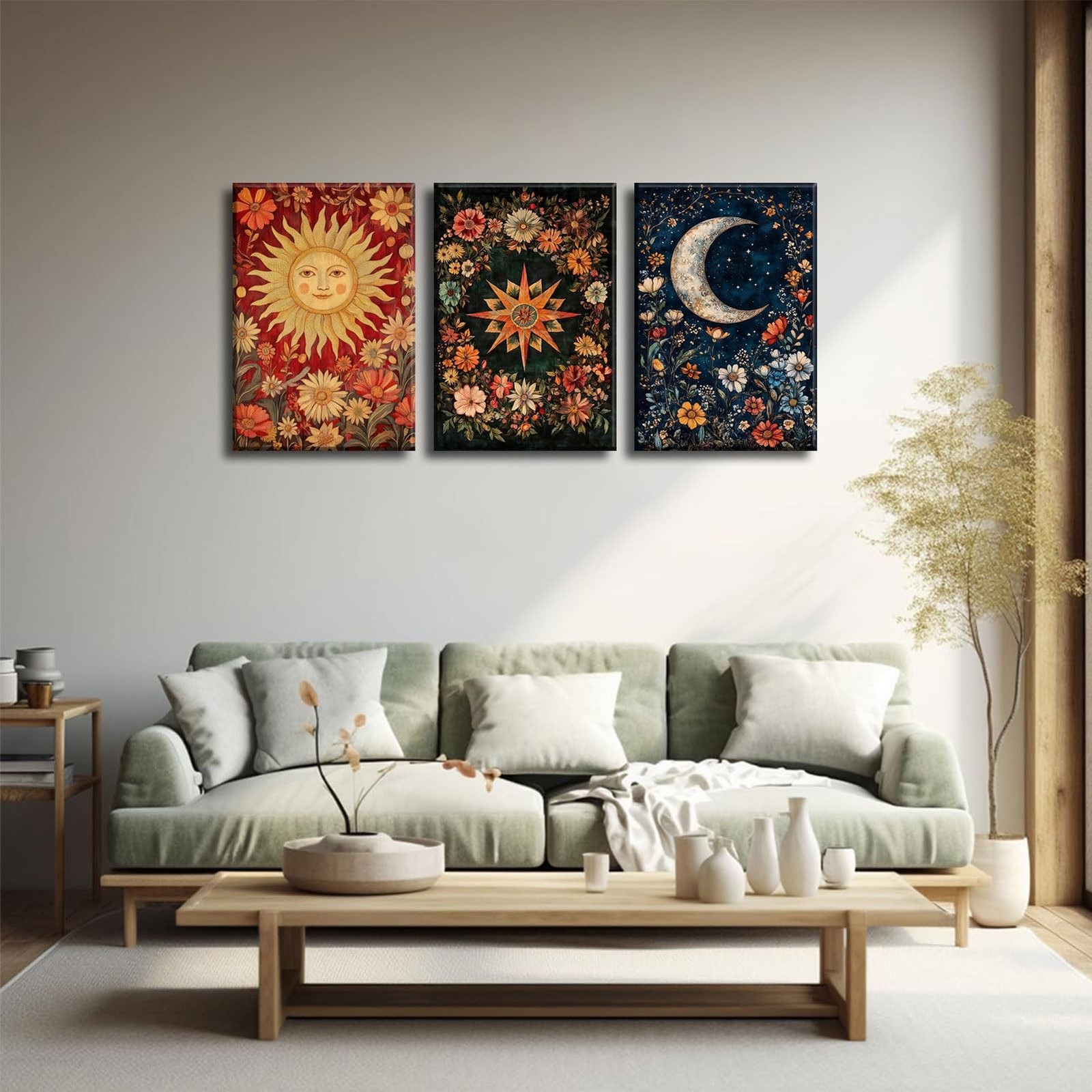 3Pcs Tarot Canvas Wall Art Sun And Moon Celestial painting Decor Pictures Ast…