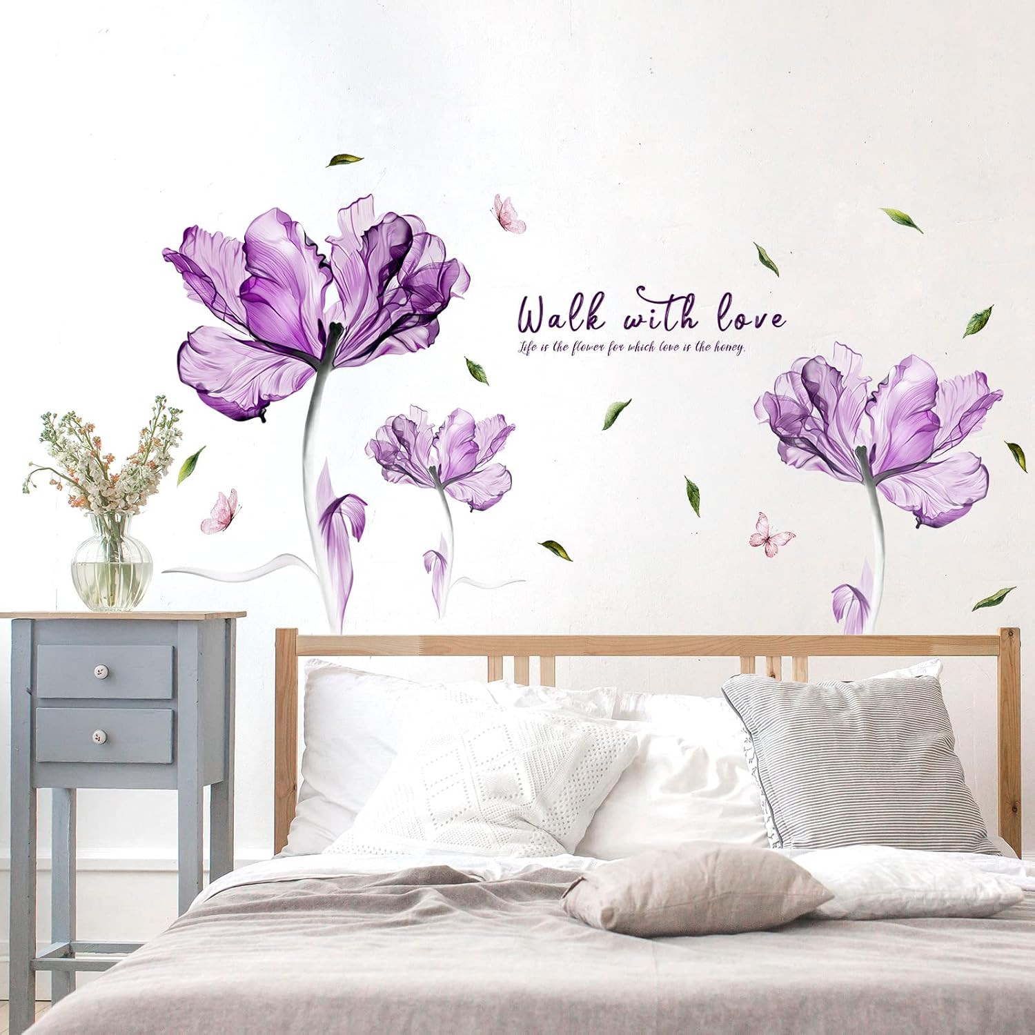 Flowers Wall Sticker Watercolor Purple Floral Wall Decal DIY Butterfly Flower Ar
