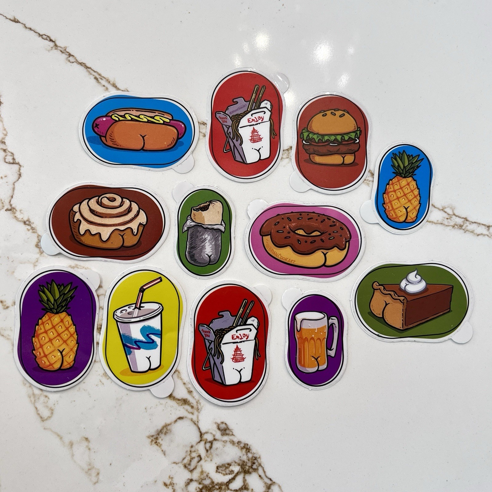 Set of 12 Fast Food Take Out Booty Cheeks Burger Hot Dog Beer Humor Sticker Lot