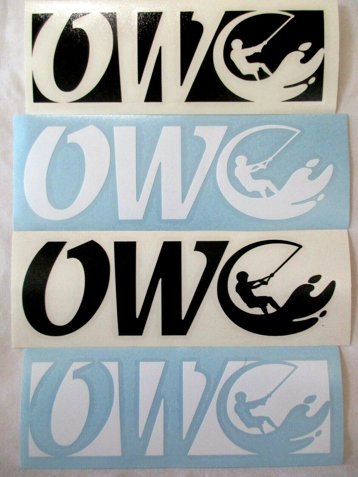 Lot of 4 – OW Custom Water Ski Decals Stickers Labels Blue & Black 7"L X 2.5"W