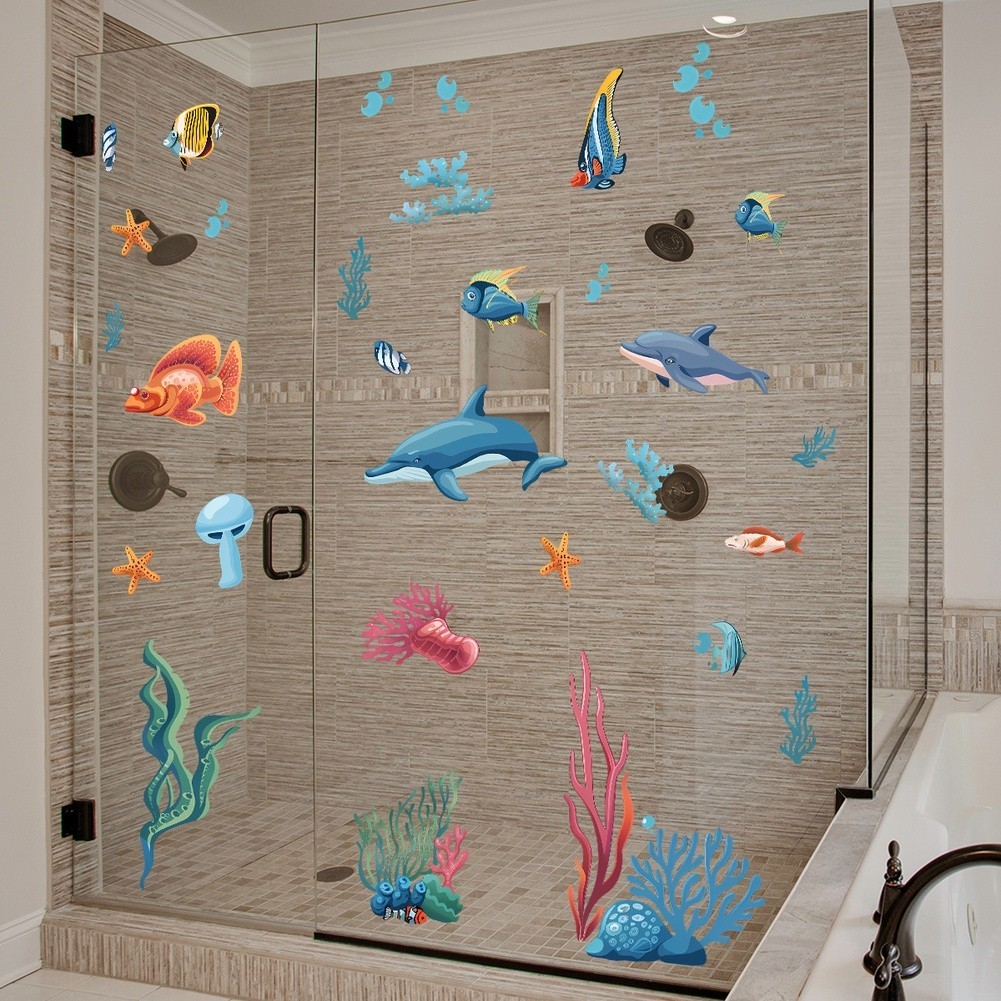 Cartoon Underwater World Window Sticker for Glass Surfaces 11.81 x 35.43 in PVC