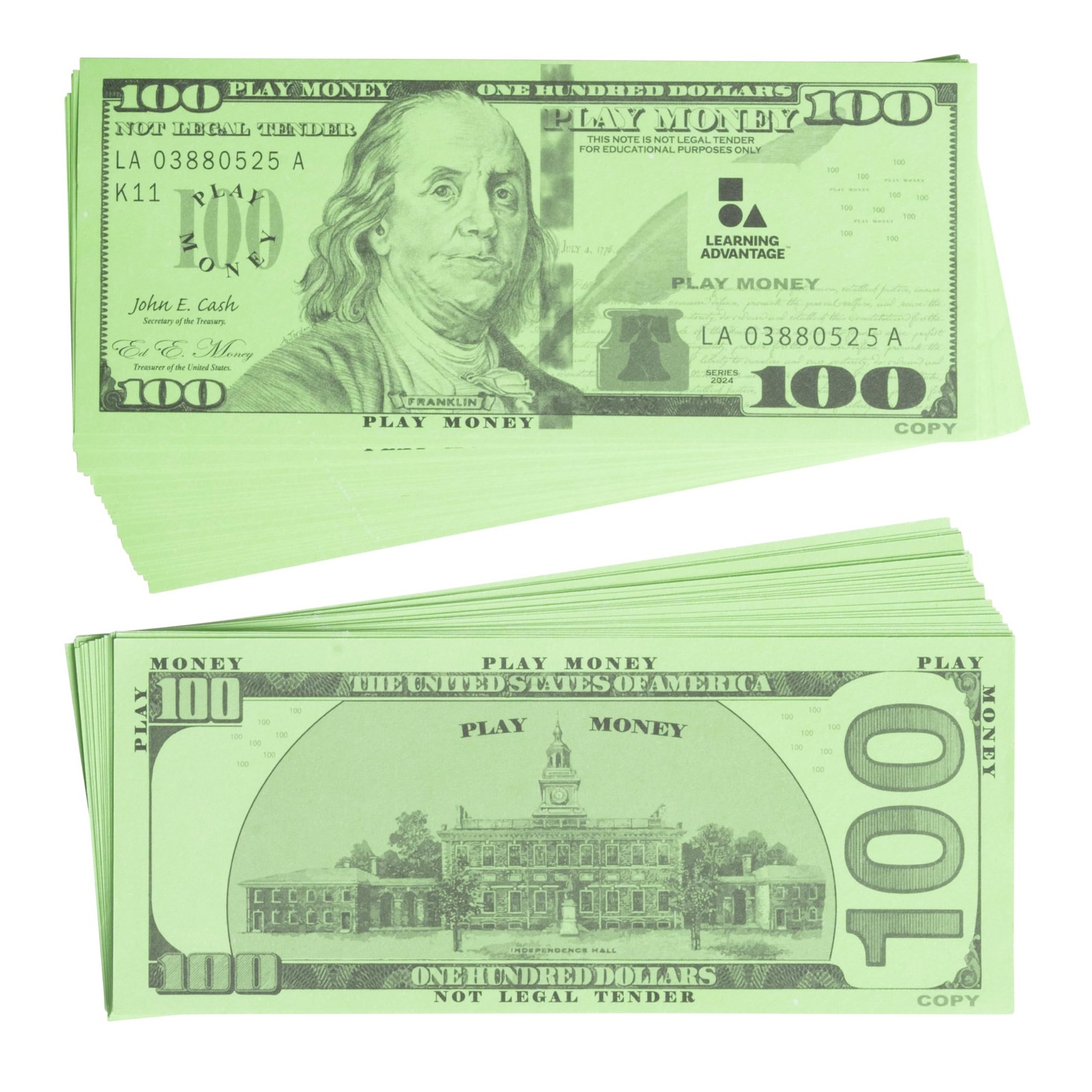 Learning Advantage One Hundred Dollar Play Bills | 6.25 x 2.5 inches, Green