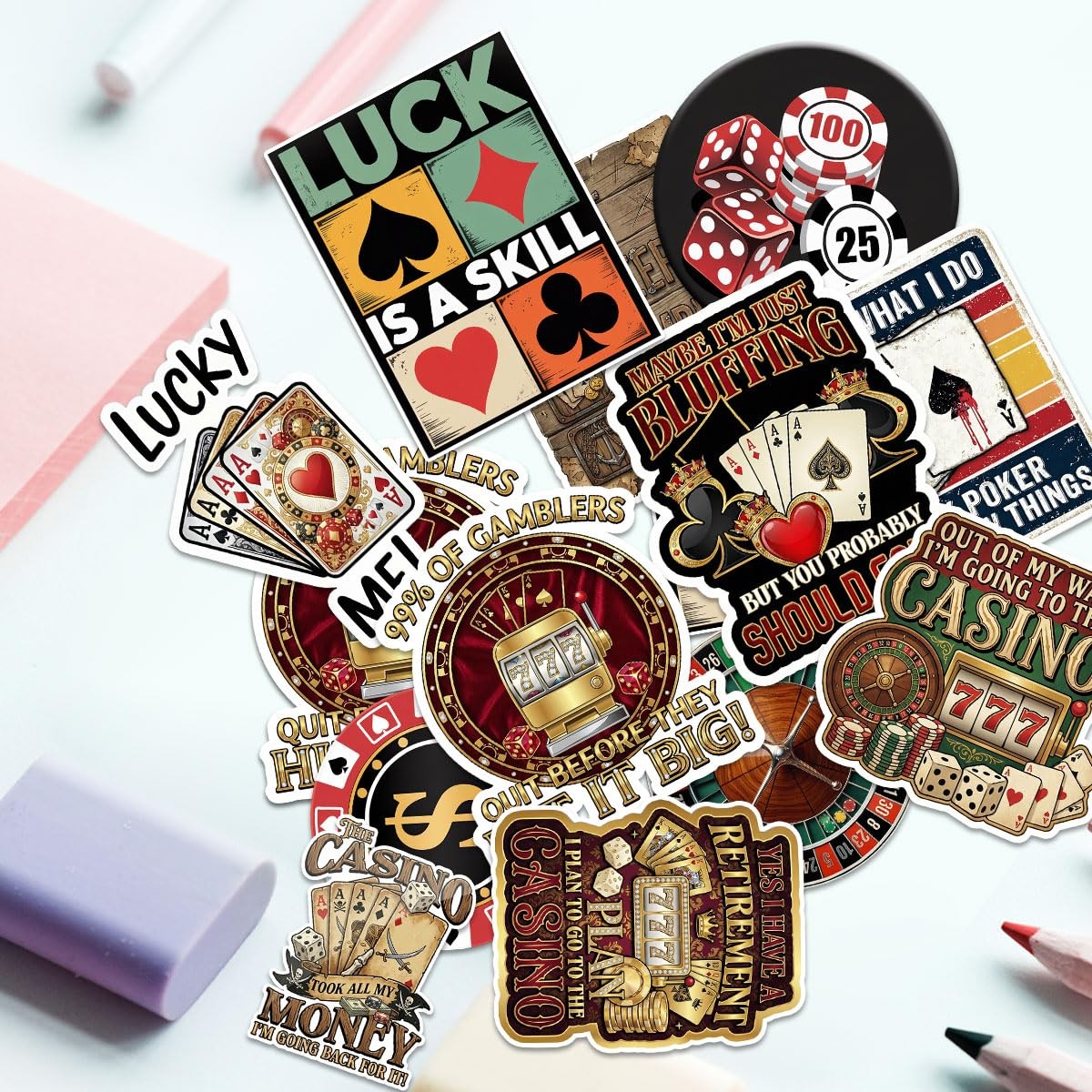 12 Pcs Gambling Stickers, Funny Casino Poker Quotes, Roulette Dice Card Decals,