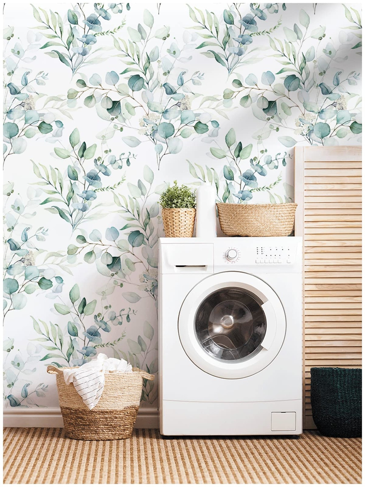 HAOKHOME Peel and Stick Wallpaper Boho Green/White Eucalyptus Leaf Floral Wal…