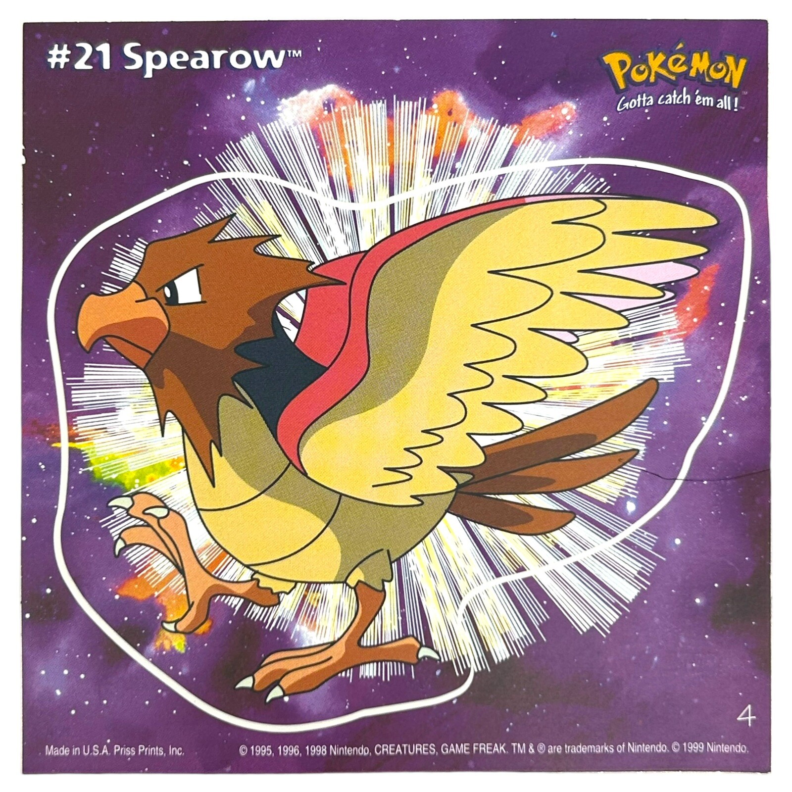 Pokemon Collect ’em Stick-Ups Spearow #21 Large 4” Sticker Priss Prints