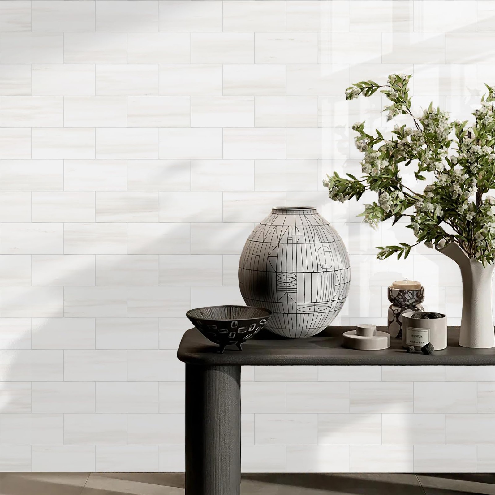 100-Piece Glossy Dolomite White Peel and Stick Backsplash Tile,3"x6" PVC Su…