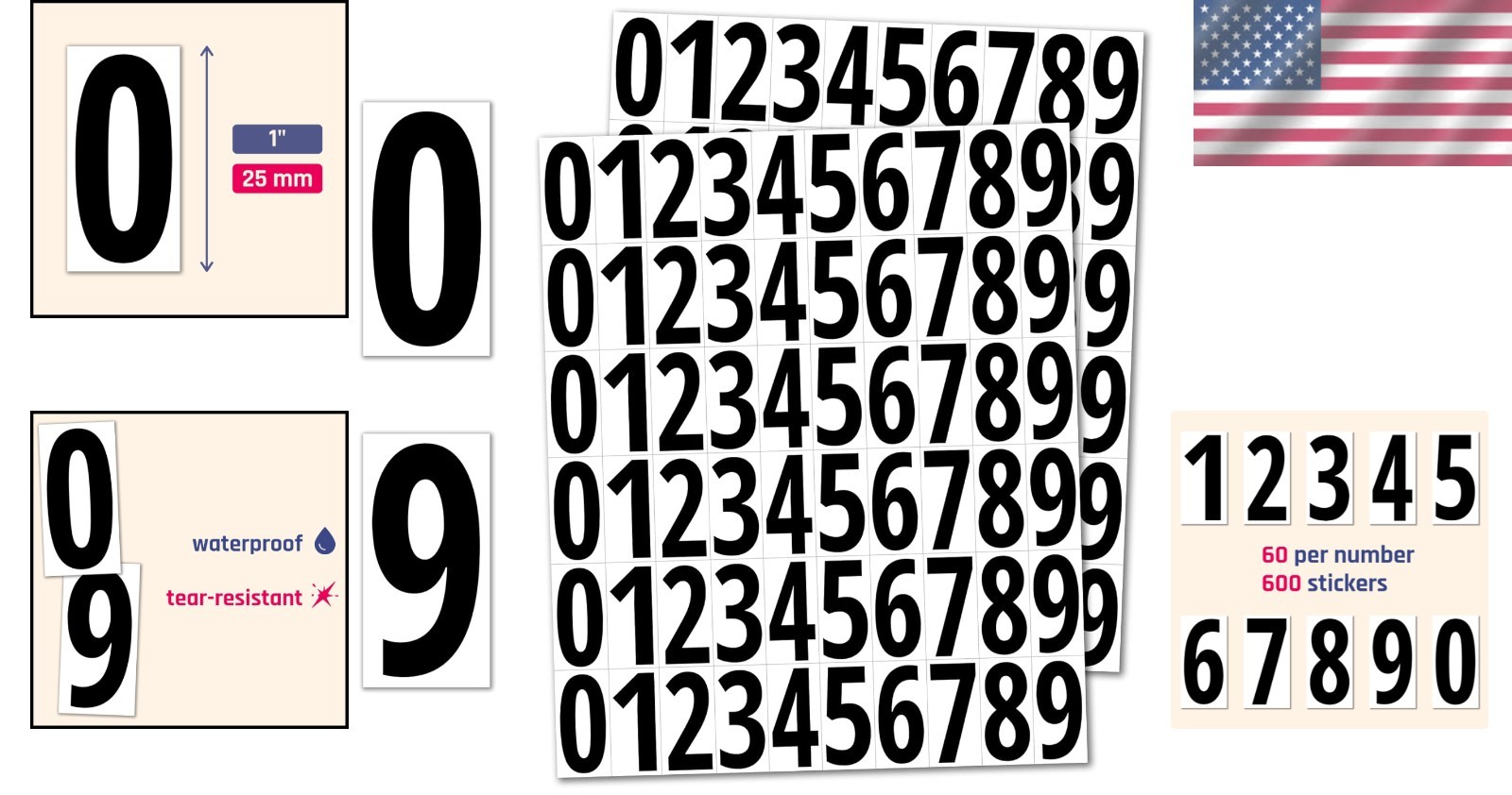 1" Waterproof Stick-On Vinyl Number Stickers – 600 Count for Indoor/Outdoor Use
