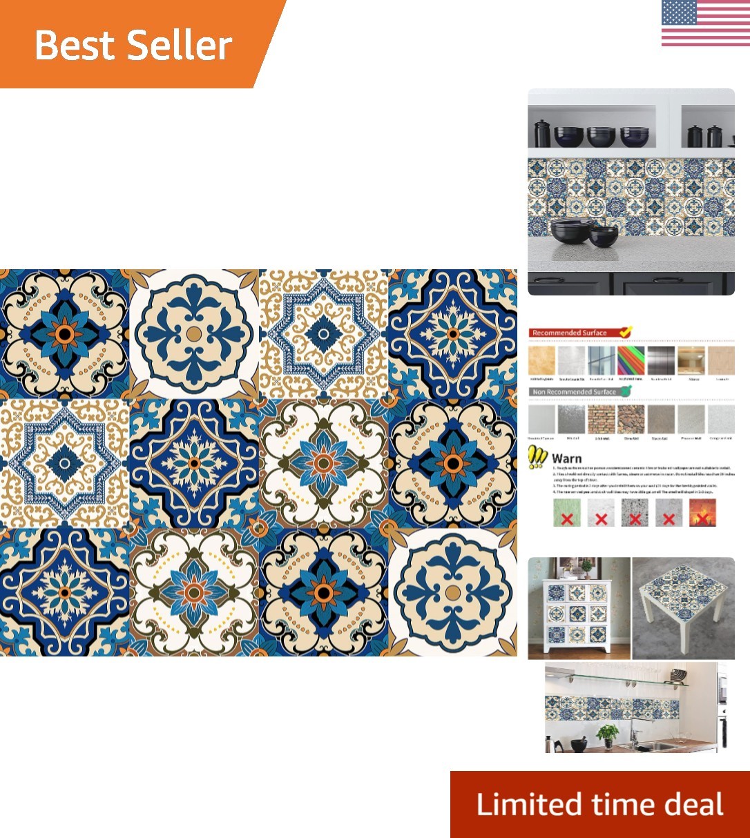 Bohemian Style 12 Pcs 6×6 in Decorative Tile Stickers,Peel and Stick Wallcove…