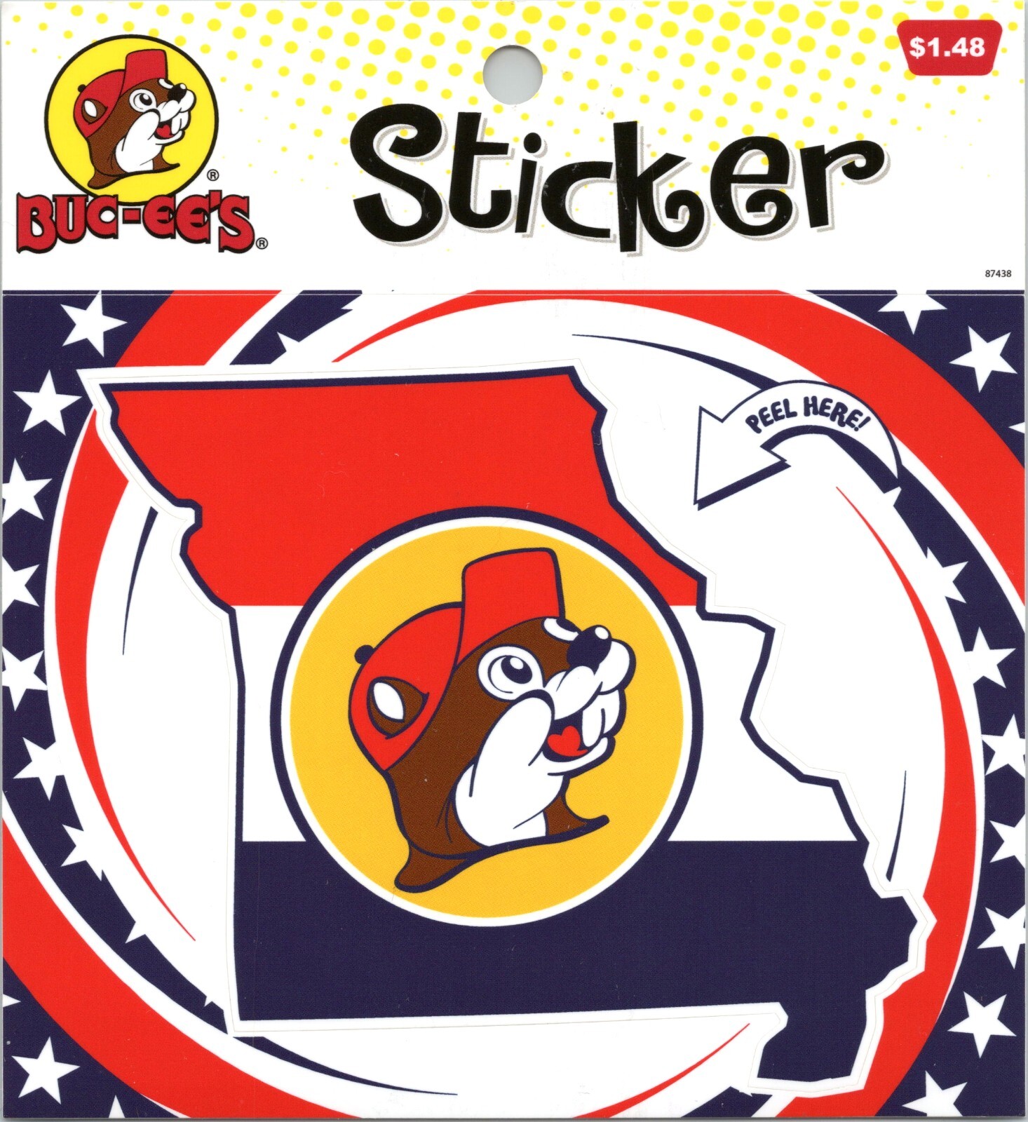 Buc-ee's- Beaver Logo, Red White and Blue Missouri State Shape- 4×4 Peel sticker