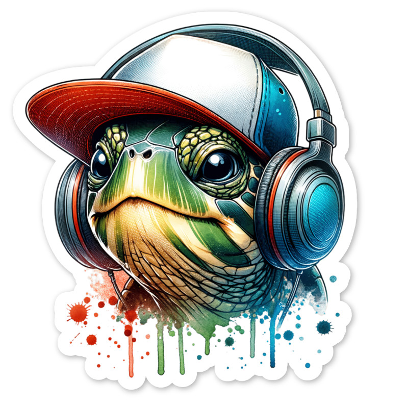 Turtle and Headphones Vinyl Sticker, Water Resistant, Laptop, Water Bottle