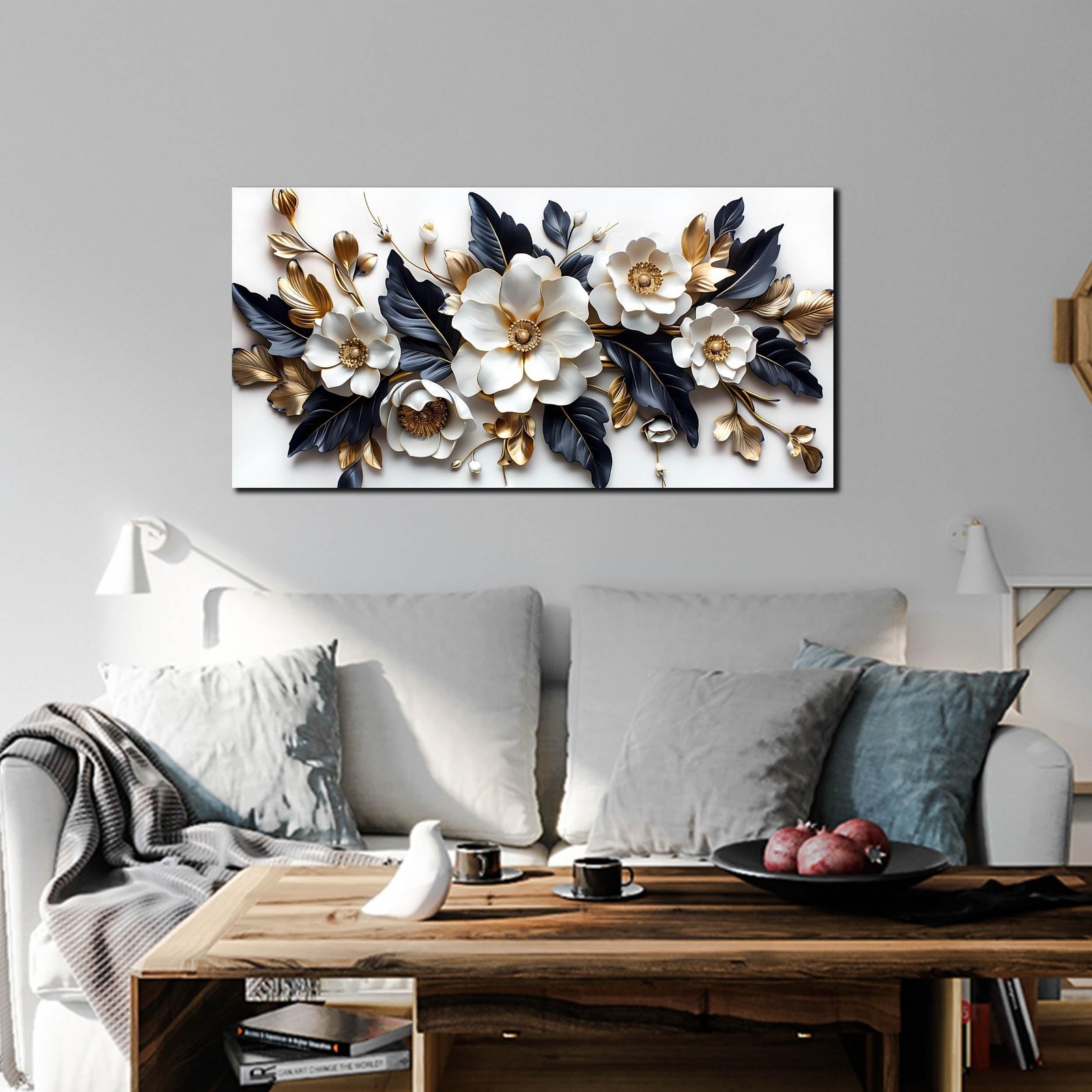HUBOSKN Flower Pictures Wall Decor for Living Room – Blue White and Gold Wall…