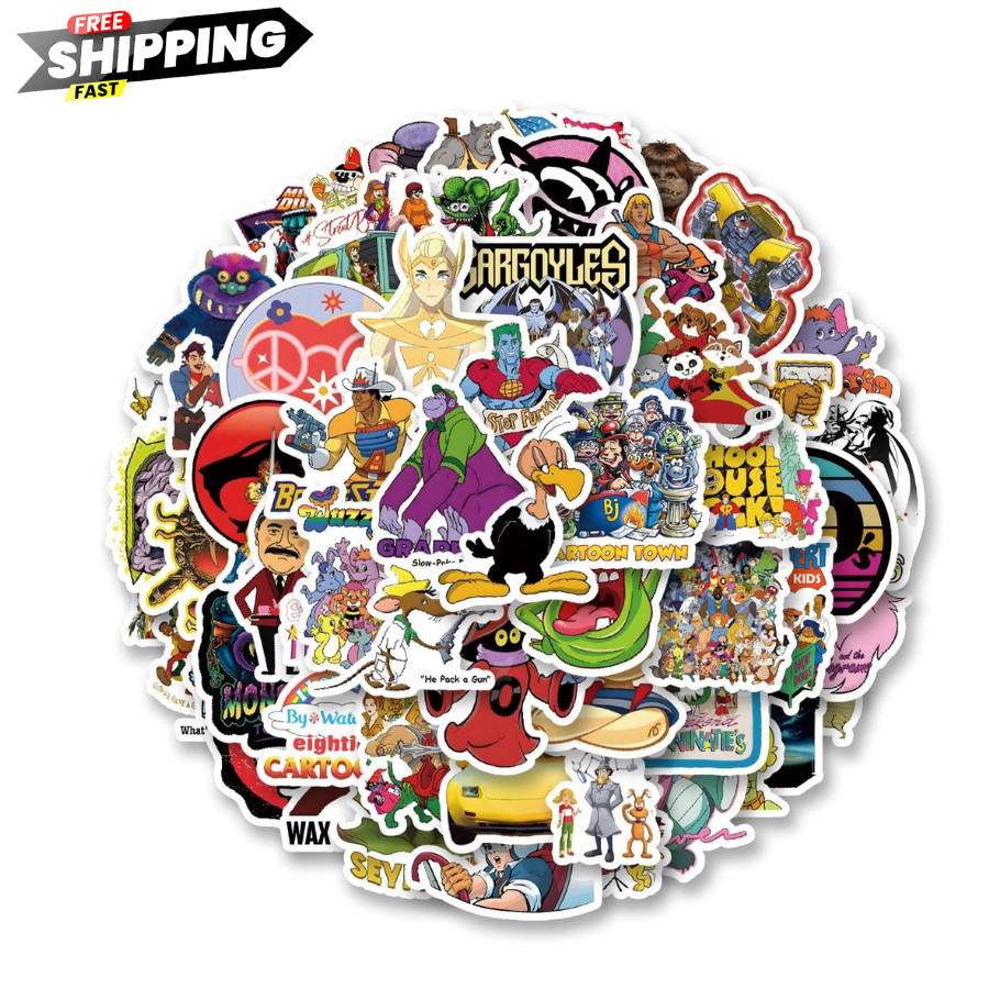 80s Cartoon Stickers Pack – 63 Vinyl Decals for Kids and Teens' Decor