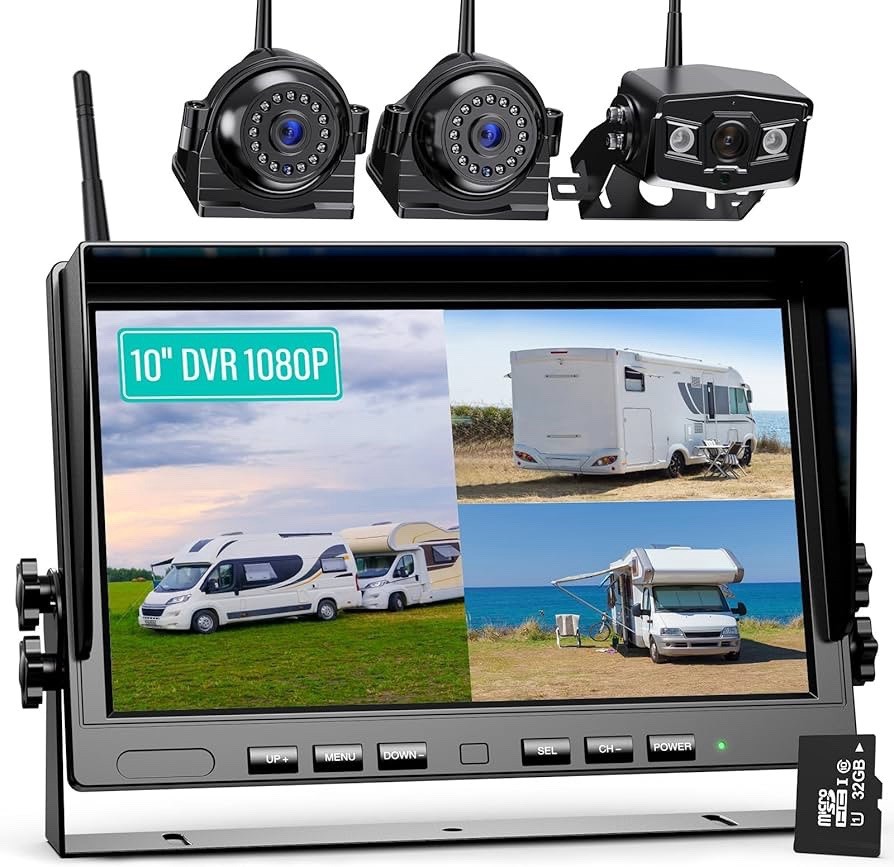 10.1" Wireless Solar Magnetic 9600mA Backup Camera IPS Monitor DVR for Truck RVs