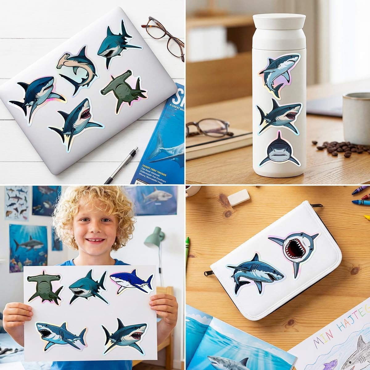 100Pcs Holographic Shark Waterproof Vinyl Stickers for Decor & Party Favors