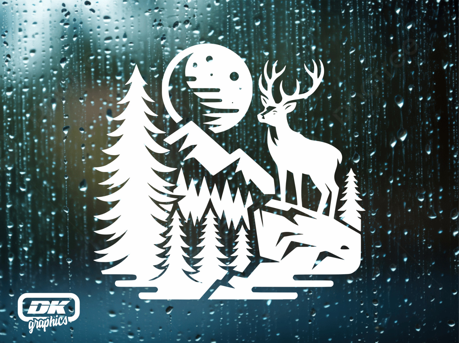 DEER and Mountain Scene Vinyl Decal. Car Window Sticker