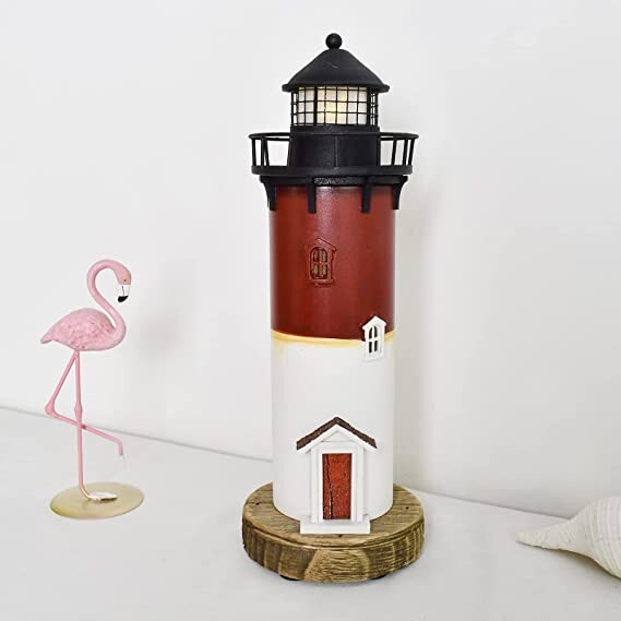 Wooden Lighthouse with Lights Nautical Tabletop Figurine (Red)