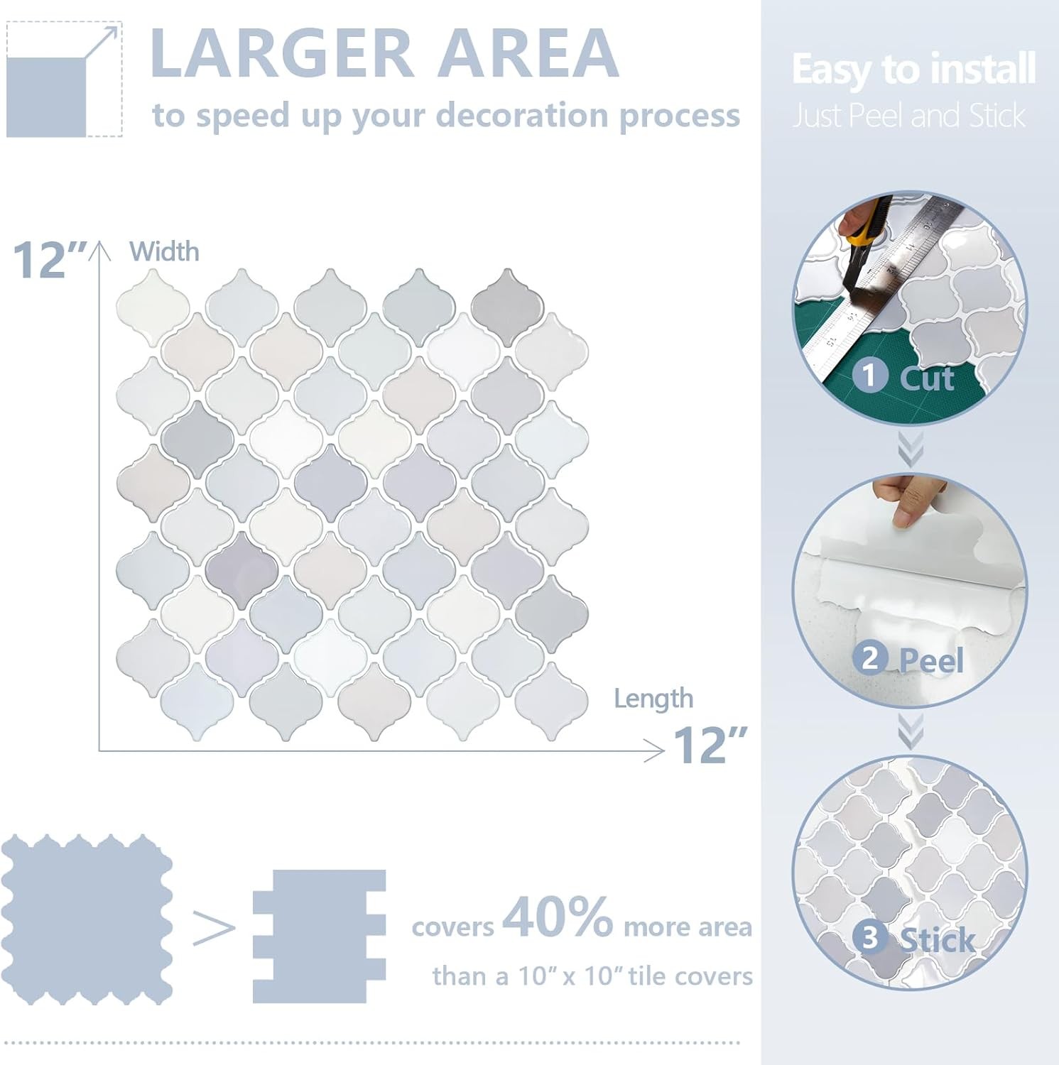 Arabesque Peel Stick Backsplash 12×12' Self AdhesiveWall Tile Thicker Light Tone